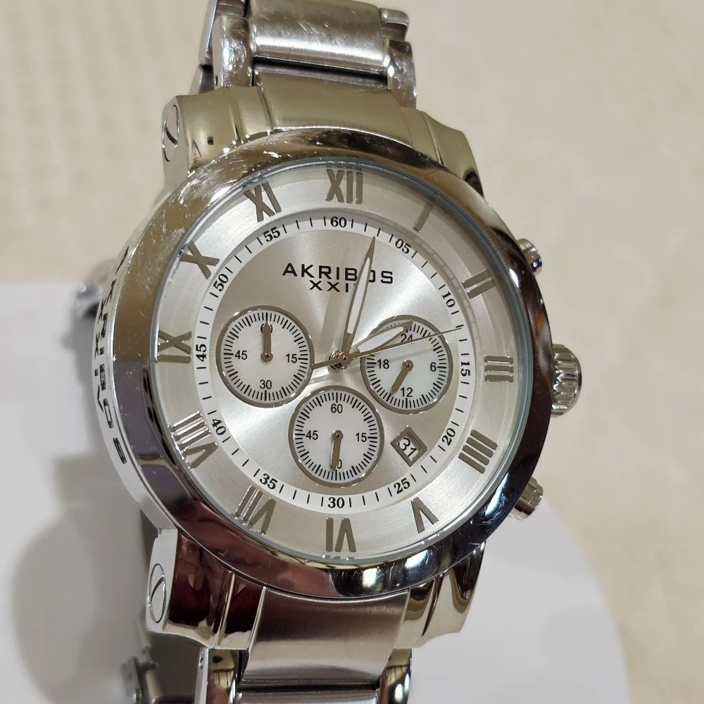 Akribos XXIV Grandiose Chronograph Large Men's Watch Stainless MOP Accent Runs